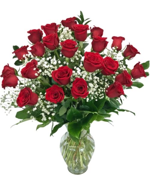 2 Dozen Red Roses, Roses with Babies Breath